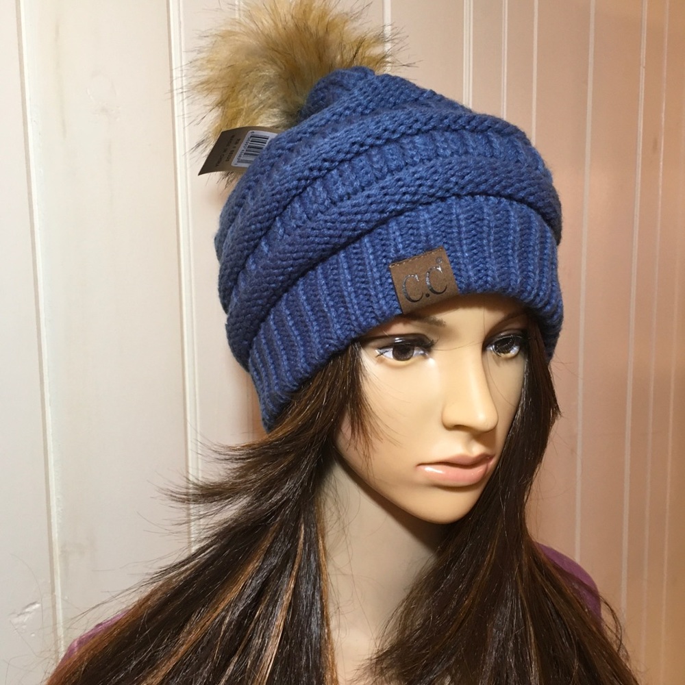 NEW DENIM BLUE POM POM BEANIE - Picture 3 of 5